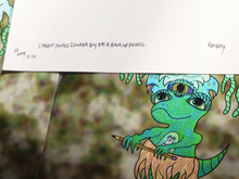 Load image into Gallery viewer, Carrot Footed Shifting Iguana Boy Has a Back Up Pencil (13x19 Glossy Full Art Signed Print)
